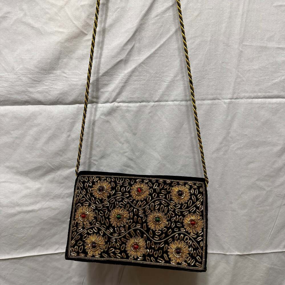 Vintage Zardozi Hand Embroidered Black Velvet Evening Bag with Gemstones